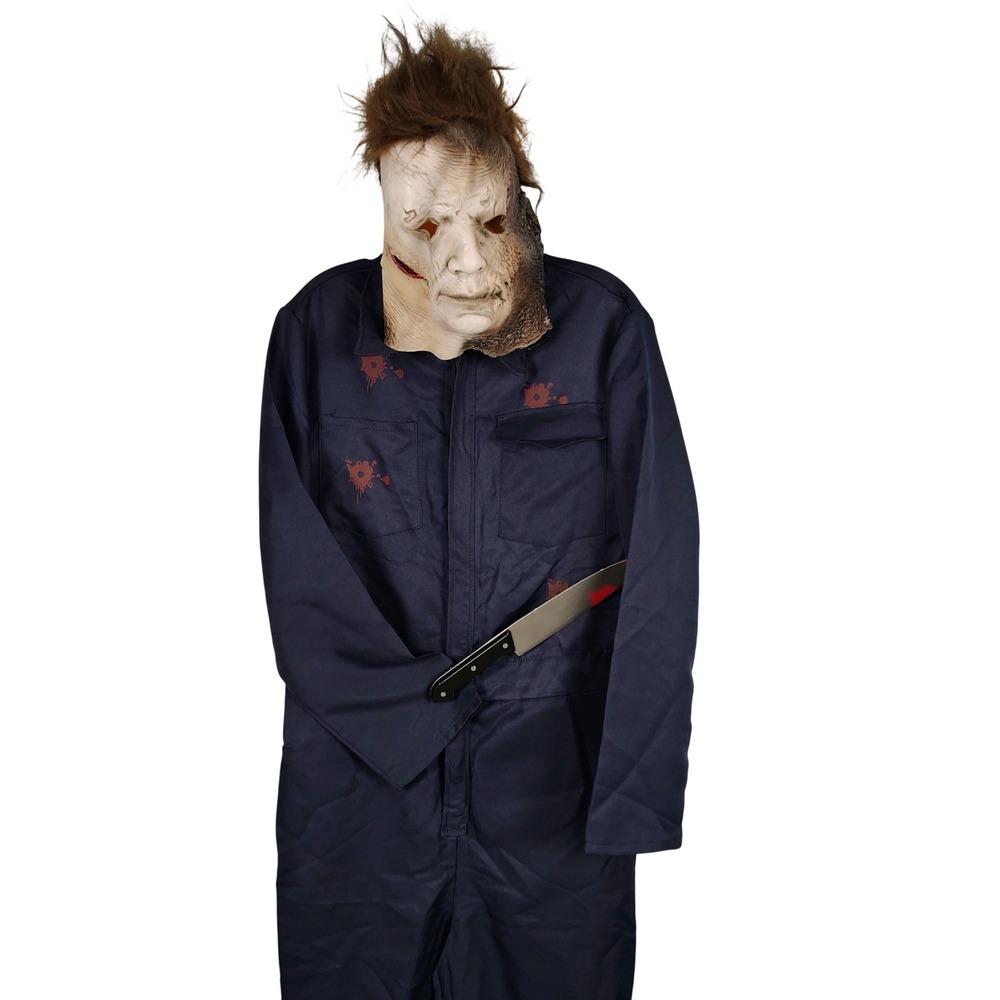 Mens S Michael Myers Halloween Costume Navy Blue Coveralls Mask Prop Knife Set